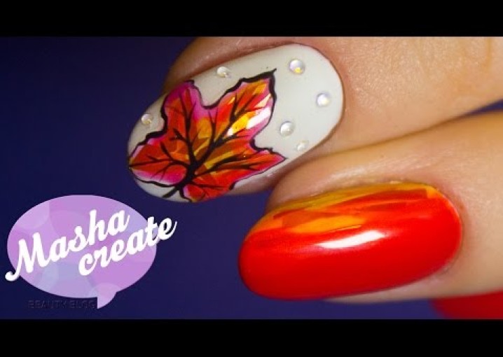 Рисунки на ногтях: маникюр "Осень". Дизайн ногтей кленовый лист, Маникюр битое стекло + витраж